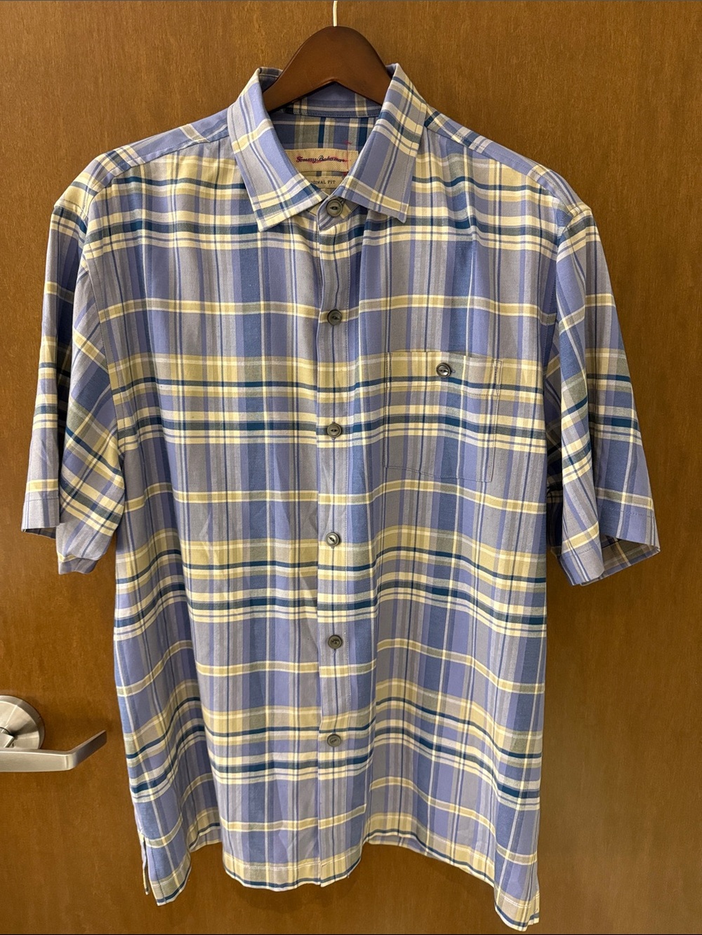 Tommy Bahama Blue and Yellow Plaid Short-Sleeve Button-Down Silk Shirt